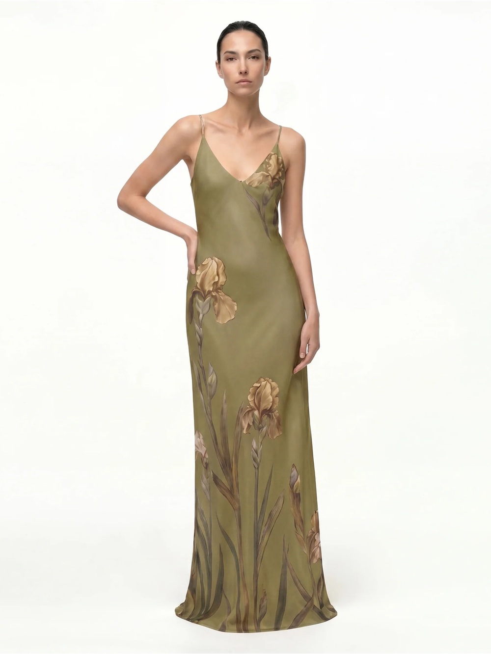 JW PEI - Iris Motif Satin Slip Gown - Olive Green
